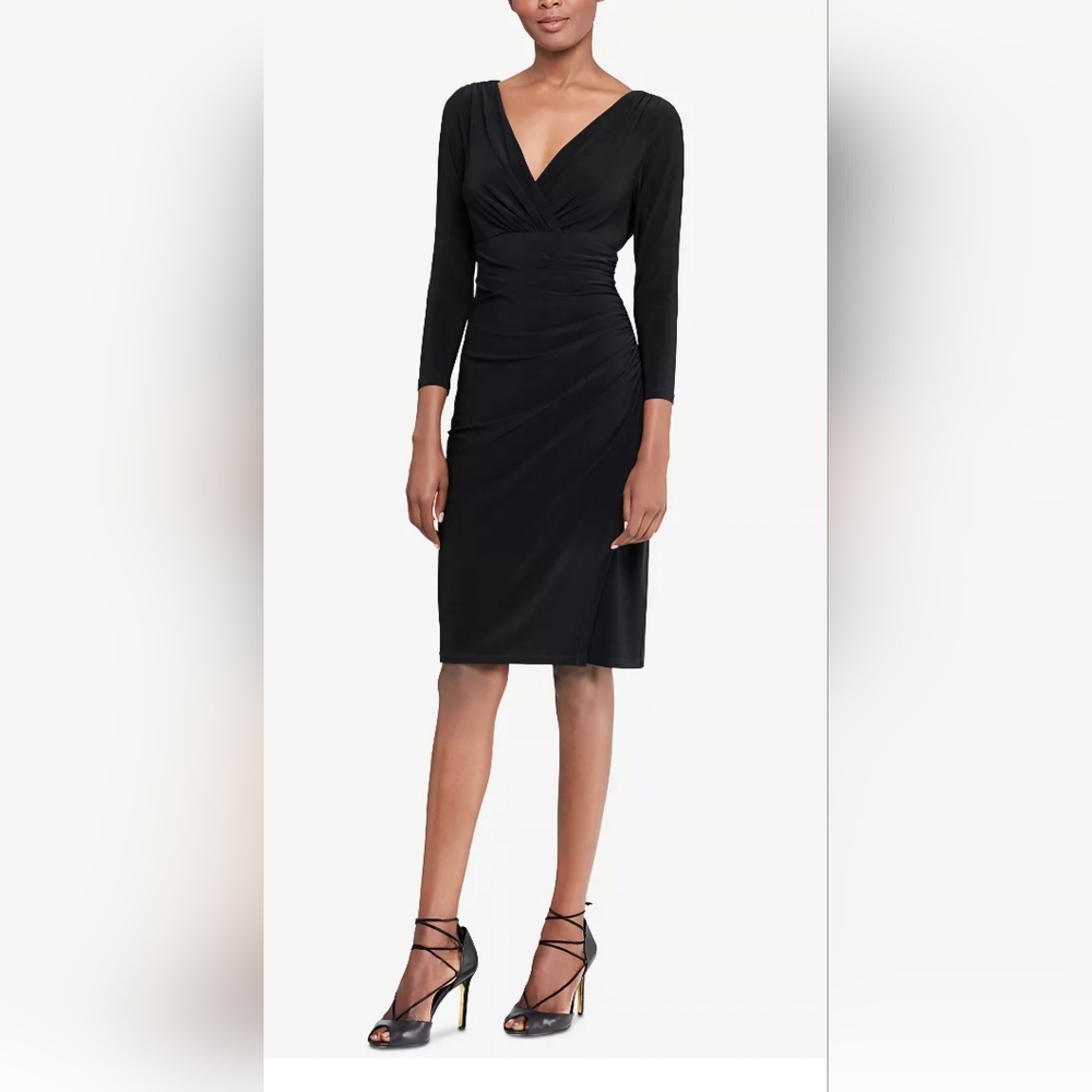 Lauren Ralph Lauren Femme Fatale Black V-Neck Ruched Faux Wrap Dress Size 8